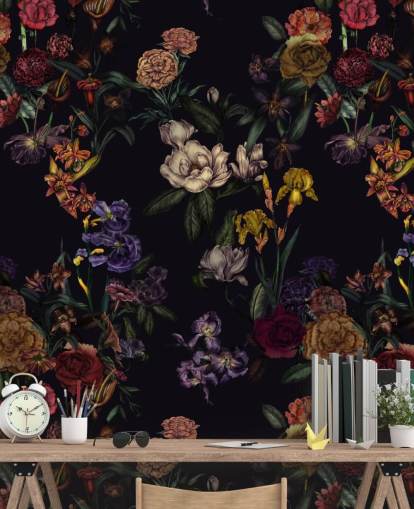 lila anpassad blommig väggmålning som heter Dark Purple Flower Garden av Karina Eibatova
