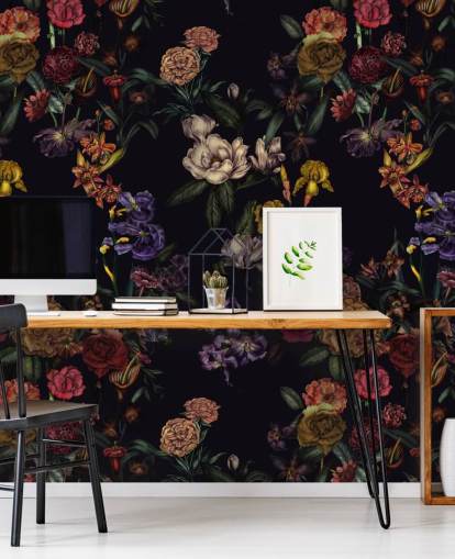 mural de parede floral personalizado roxo chamado Dark Purple Flower Garden de Karina Eibatova mural de parede floral personalizado roxo chamado Dark Purple Flower Garden de Karina Eibatova