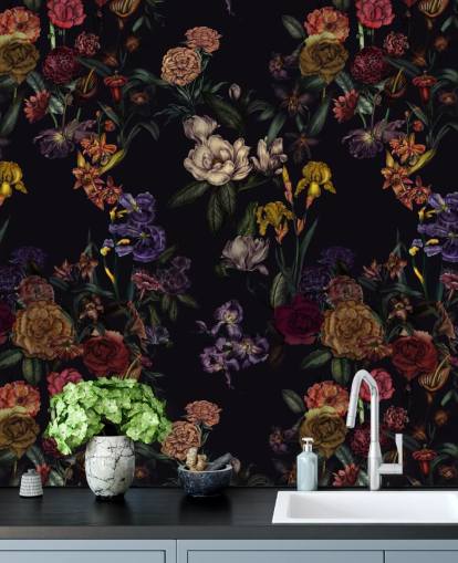 purple custom floral wall mural called Dark Purple Flower Garden by Karina Eibatova