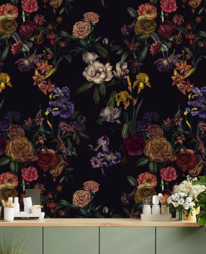 mural de pared floral personalizado morado llamado Dark Purple Flower Garden de Karina Eibatova mural de pared floral personalizado morado llamado Dark Purple Flower Garden de Karina Eibatova