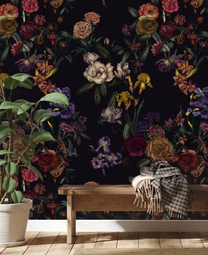 fresque murale florale personnalisée violette appelée Dark Purple Flower Garden par Karina Eibatova fresque murale florale personnalisée violette appelée Dark Purple Flower Garden par Karina Eibatova