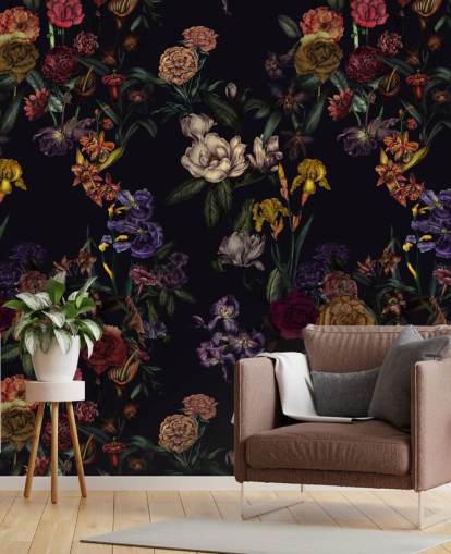 mural de pared floral personalizado morado llamado Dark Purple Flower Garden de Karina Eibatova mural de pared floral personalizado morado llamado Dark Purple Flower Garden de Karina Eibatova
