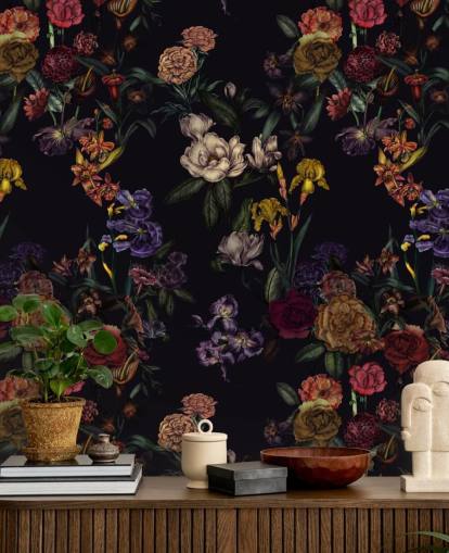 lila kundenspezifisches Blumenwandbild namens Dark Purple Flower Garden von Karina Eibatova