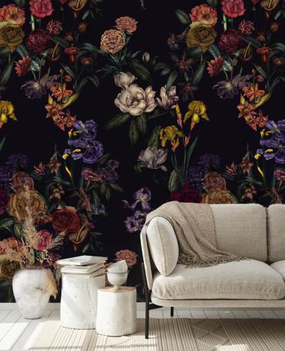 paarse op maat gemaakte bloemenmuurschildering genaamd Dark Purple Flower Garden van Karina Eibatova