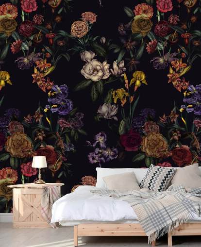 lila anpassad blommig väggmålning som heter Dark Purple Flower Garden av Karina Eibatova lila anpassad blommig väggmålning som heter Dark Purple Flower Garden av Karina Eibatova