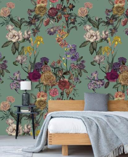 murale floreale verde personalizzabile chiamato Dusty Green Flower Garden di Karina Eibatova murale floreale verde personalizzabile chiamato Dusty Green Flower Garden di Karina Eibatova