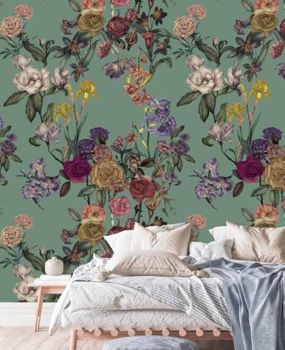 murale floreale verde personalizzabile chiamato Dusty Green Flower Garden di Karina Eibatova