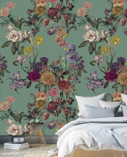 murale floreale verde personalizzabile chiamato Dusty Green Flower Garden di Karina Eibatova