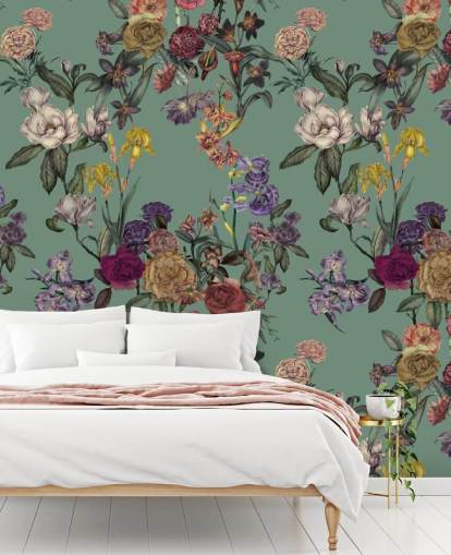 groene aanpasbare bloemenmuurschildering genaamd Dusty Green Flower Garden van Karina Eibatova groene aanpasbare bloemenmuurschildering genaamd Dusty Green Flower Garden van Karina Eibatova