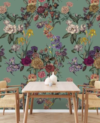 mural de parede floral personalizável verde chamado Dusty Green Flower Garden de Karina Eibatova