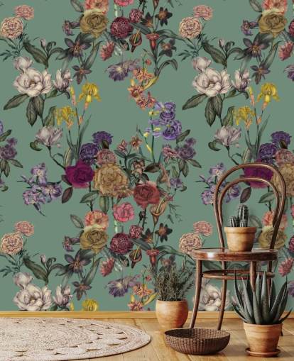 green customizable floral wall mural called Dusty Green Flower Garden by Karina Eibatova