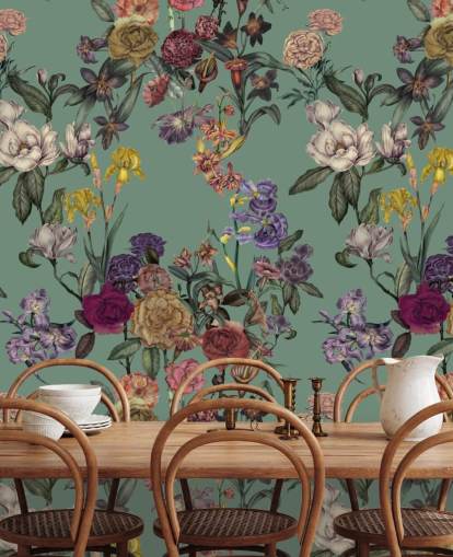 green customisable floral wall mural called Dusty Green Flower Garden by Karina Eibatova