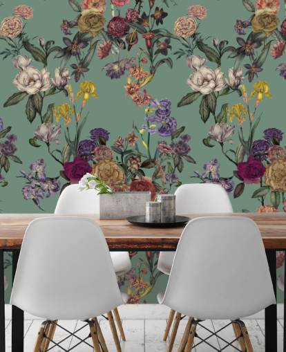 grünes personalisierbares Blumenwandbild namens Dusty Green Flower Garden von Karina Eibatova