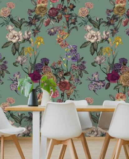 green customisable floral wall mural called Dusty Green Flower Garden by Karina Eibatova