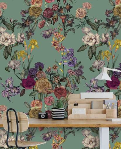 groene aanpasbare bloemenmuurschildering genaamd Dusty Green Flower Garden van Karina Eibatova groene aanpasbare bloemenmuurschildering genaamd Dusty Green Flower Garden van Karina Eibatova