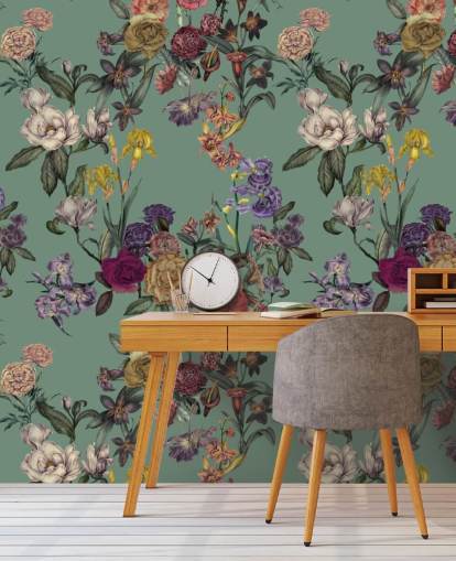 green customisable floral wall mural called Dusty Green Flower Garden by Karina Eibatova