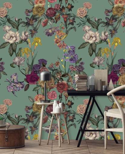 green customizable floral wall mural called Dusty Green Flower Garden by Karina Eibatova