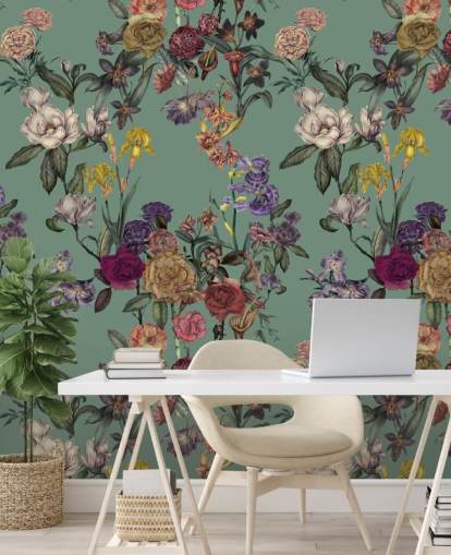 mural de pared floral personalizable verde llamado Dusty Green Flower Garden de Karina Eibatova mural de pared floral personalizable verde llamado Dusty Green Flower Garden de Karina Eibatova