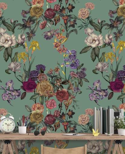 green customizable floral wall mural called Dusty Green Flower Garden by Karina Eibatova