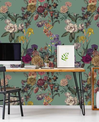 grønn tilpassbar blomsterveggmaleri kalt Dusty Green Flower Garden av Karina Eibatova