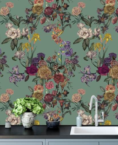 green customisable floral wall mural called Dusty Green Flower Garden by Karina Eibatova