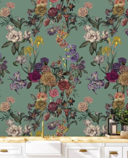 green customisable floral wall mural called Dusty Green Flower Garden by Karina Eibatova