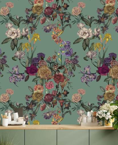 groene aanpasbare bloemenmuurschildering genaamd Dusty Green Flower Garden van Karina Eibatova