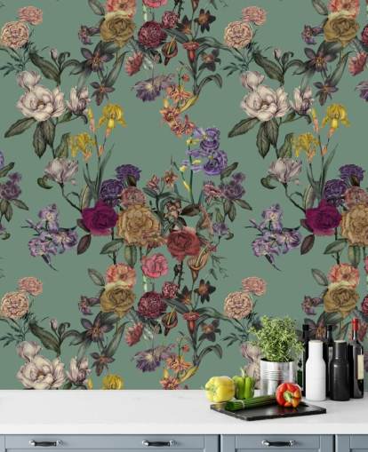 grønn tilpassbar blomsterveggmaleri kalt Dusty Green Flower Garden av Karina Eibatova grønn tilpassbar blomsterveggmaleri kalt Dusty Green Flower Garden av Karina Eibatova