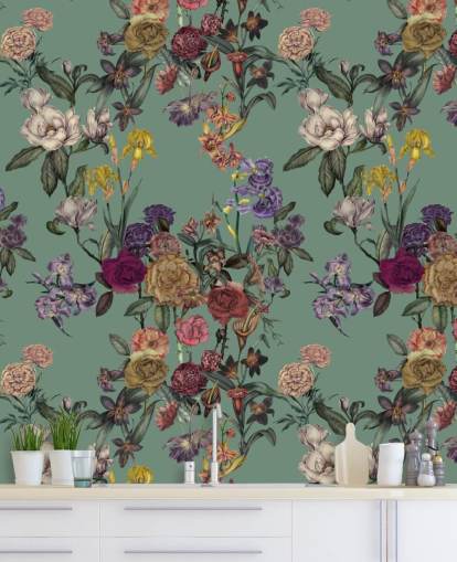 groene aanpasbare bloemenmuurschildering genaamd Dusty Green Flower Garden van Karina Eibatova groene aanpasbare bloemenmuurschildering genaamd Dusty Green Flower Garden van Karina Eibatova