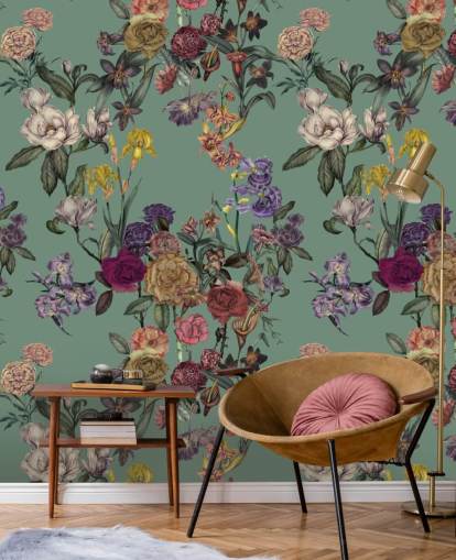 groene aanpasbare bloemenmuurschildering genaamd Dusty Green Flower Garden van Karina Eibatova