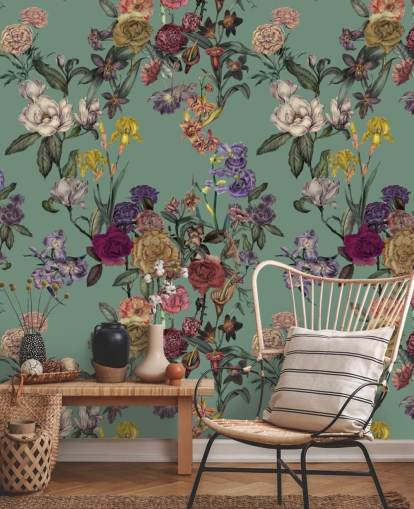 grønn tilpassbar blomsterveggmaleri kalt Dusty Green Flower Garden av Karina Eibatova