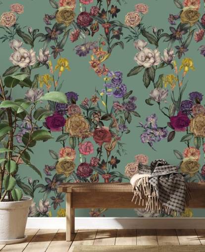 groene aanpasbare bloemenmuurschildering genaamd Dusty Green Flower Garden van Karina Eibatova