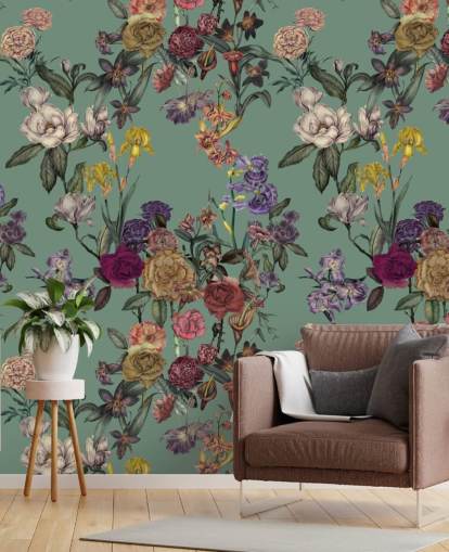 grünes personalisierbares Blumenwandbild namens Dusty Green Flower Garden von Karina Eibatova grünes personalisierbares Blumenwandbild namens Dusty Green Flower Garden von Karina Eibatova