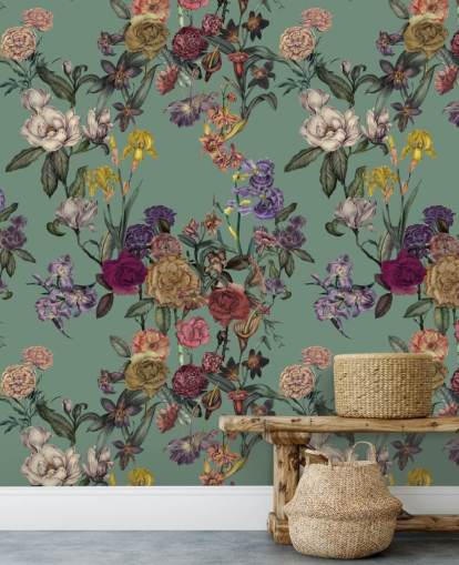 groene aanpasbare bloemenmuurschildering genaamd Dusty Green Flower Garden van Karina Eibatova groene aanpasbare bloemenmuurschildering genaamd Dusty Green Flower Garden van Karina Eibatova