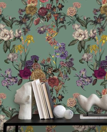 grön anpassningsbar blommig väggmålning som heter Dusty Green Flower Garden av Karina Eibatova