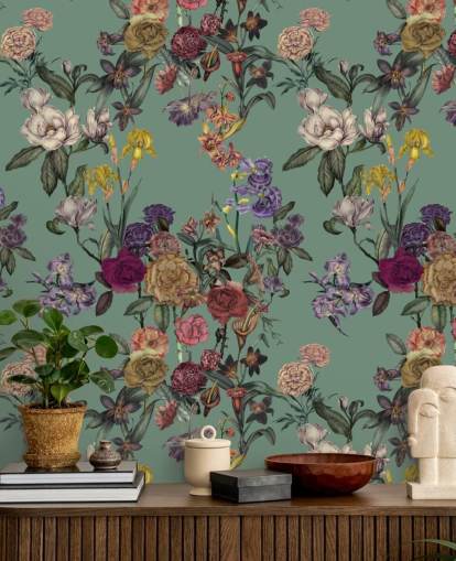 grünes personalisierbares Blumenwandbild namens Dusty Green Flower Garden von Karina Eibatova