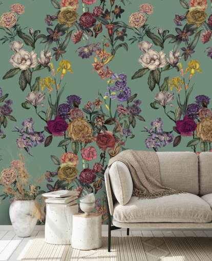 grøn tilpasselig blomstervægmaleri kaldet Dusty Green Flower Garden af Karina Eibatova