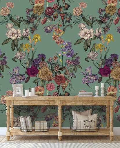 fresque murale florale personnalisable verte appelée Dusty Green Flower Garden par Karina Eibatova