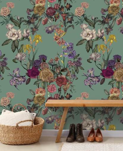 green customisable floral wall mural called Dusty Green Flower Garden by Karina Eibatova