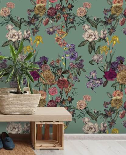 grøn tilpasselig blomstervægmaleri kaldet Dusty Green Flower Garden af Karina Eibatova