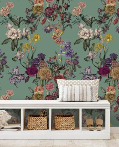 mural de parede floral personalizável verde chamado Dusty Green Flower Garden de Karina Eibatova mural de parede floral personalizável verde chamado Dusty Green Flower Garden de Karina Eibatova