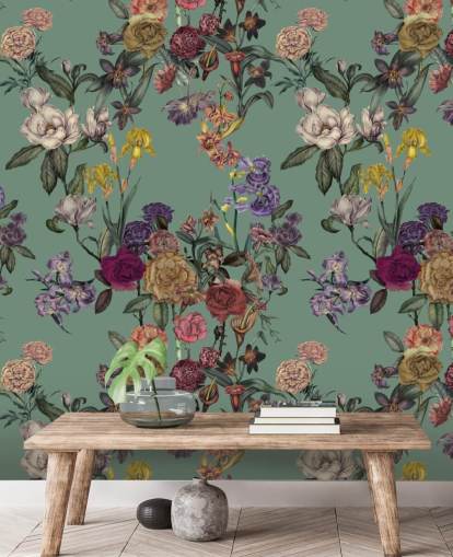 groene aanpasbare bloemenmuurschildering genaamd Dusty Green Flower Garden van Karina Eibatova