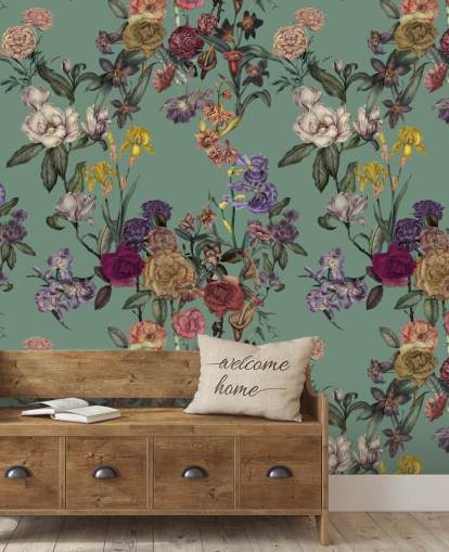 grünes personalisierbares Blumenwandbild namens Dusty Green Flower Garden von Karina Eibatova