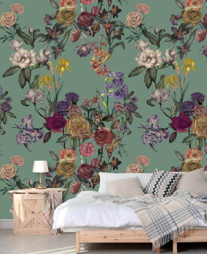 grünes personalisierbares Blumenwandbild namens Dusty Green Flower Garden von Karina Eibatova grünes personalisierbares Blumenwandbild namens Dusty Green Flower Garden von Karina Eibatova