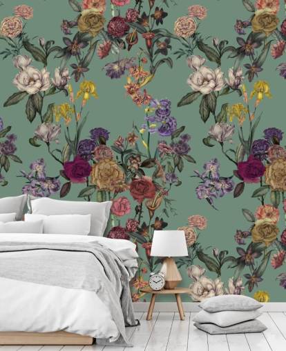 groene aanpasbare bloemenmuurschildering genaamd Dusty Green Flower Garden van Karina Eibatova