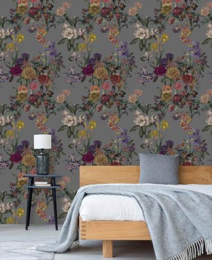 grey custom floral wall mural called Grey Flower Garden by Karina Eibatova for bedrooms and hallways