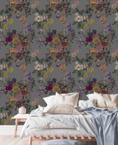 grått tilpasset blomsterveggmaleri kalt Grey Flower Garden av Karina Eibatova for soverom og ganger