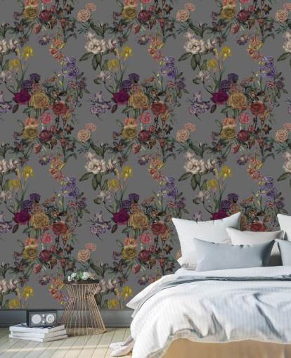 grått tilpasset blomsterveggmaleri kalt Grey Flower Garden av Karina Eibatova for soverom og ganger grått tilpasset blomsterveggmaleri kalt Grey Flower Garden av Karina Eibatova for soverom og ganger