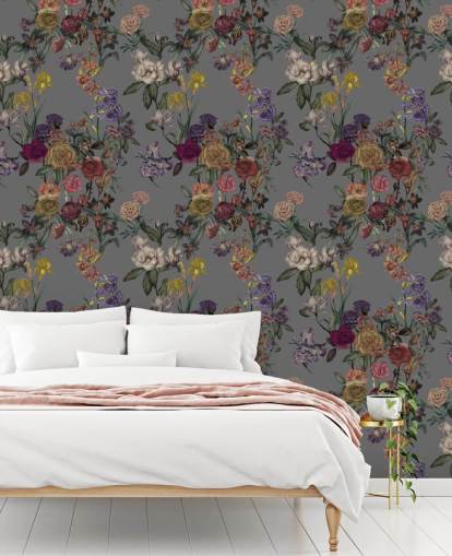 grijze op maat gemaakte bloemenmuurschildering genaamd Grey Flower Garden van Karina Eibatova voor slaapkamers en gangen