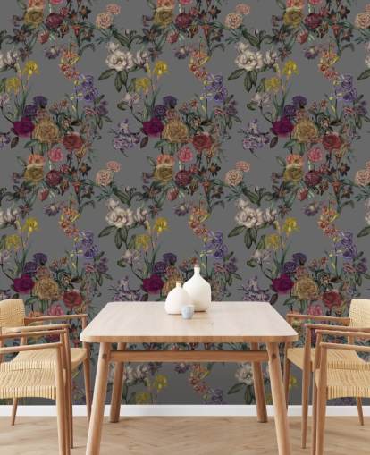murale floreale personalizzato grigio chiamato Grey Flower Garden di Karina Eibatova per camere da letto e corridoi